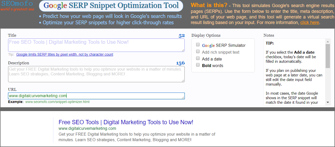 FREE SEO Tool to create Search Engine Results Page Snippets